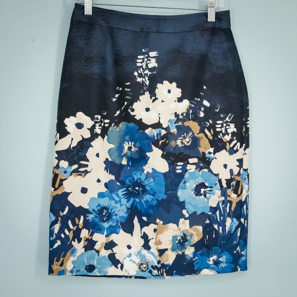 Kate Spade Size 4 Blue Autumn Floral Print Marit Pencil Cotton Silk Skirt